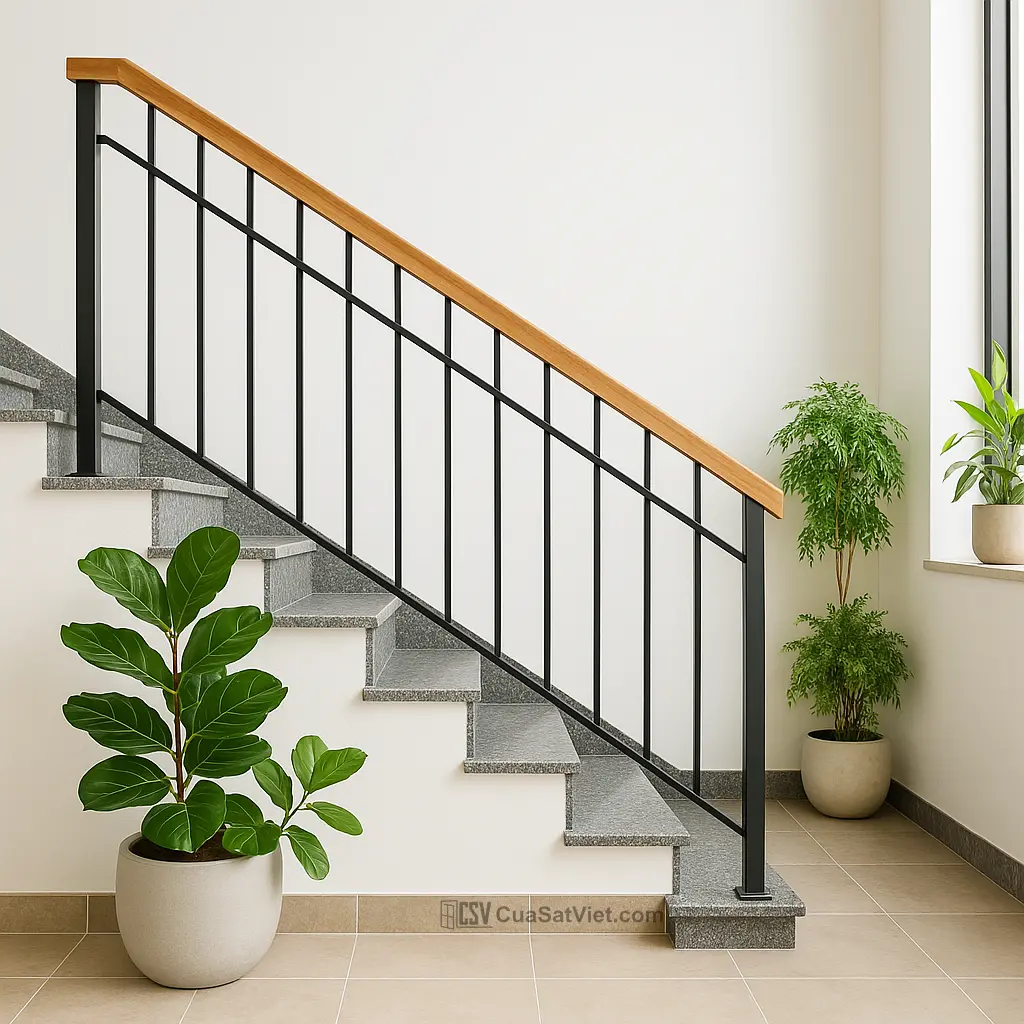 Lan can sắt cầu thang tay vịn gỗ mang lại cảm giác ấm cúng.