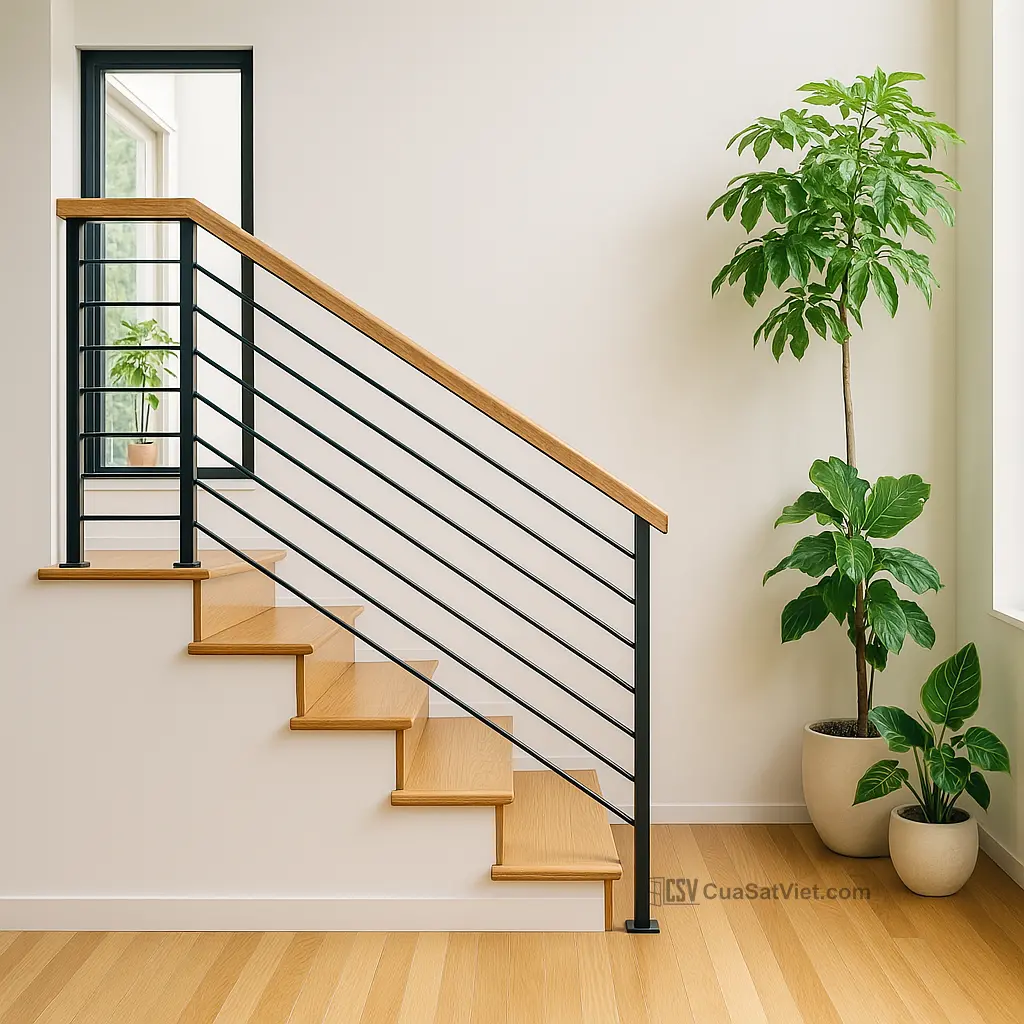 Không gian nhà hiện đại được tôn lên nhờ lan can sắt cầu thang.