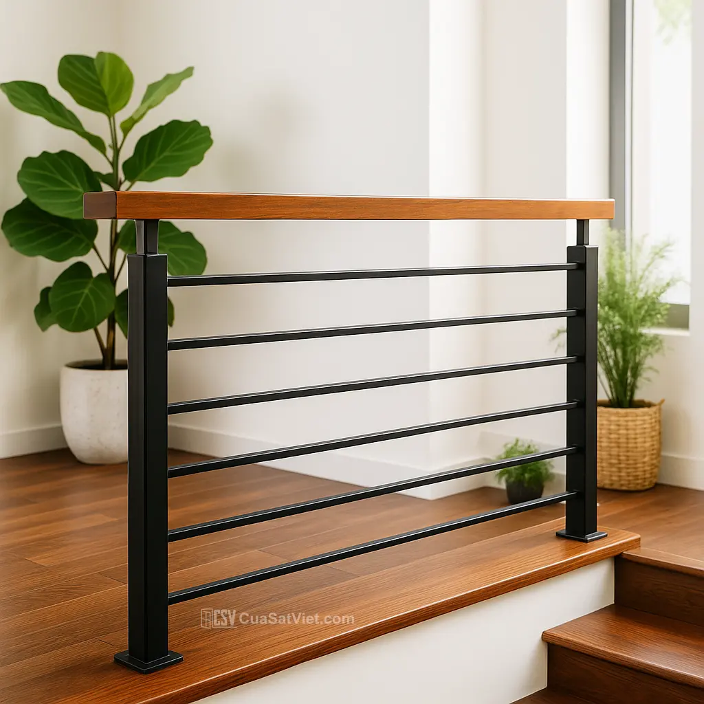 Lan can sắt cầu thang đơn giản giúp tiết kiệm không gian sống.