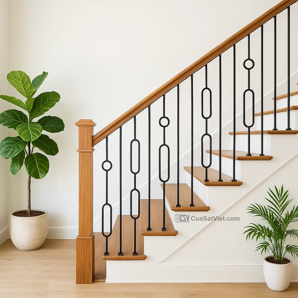 Mẫu lan can sắt cầu thang đẹp được nhiều gia đình yêu thích.