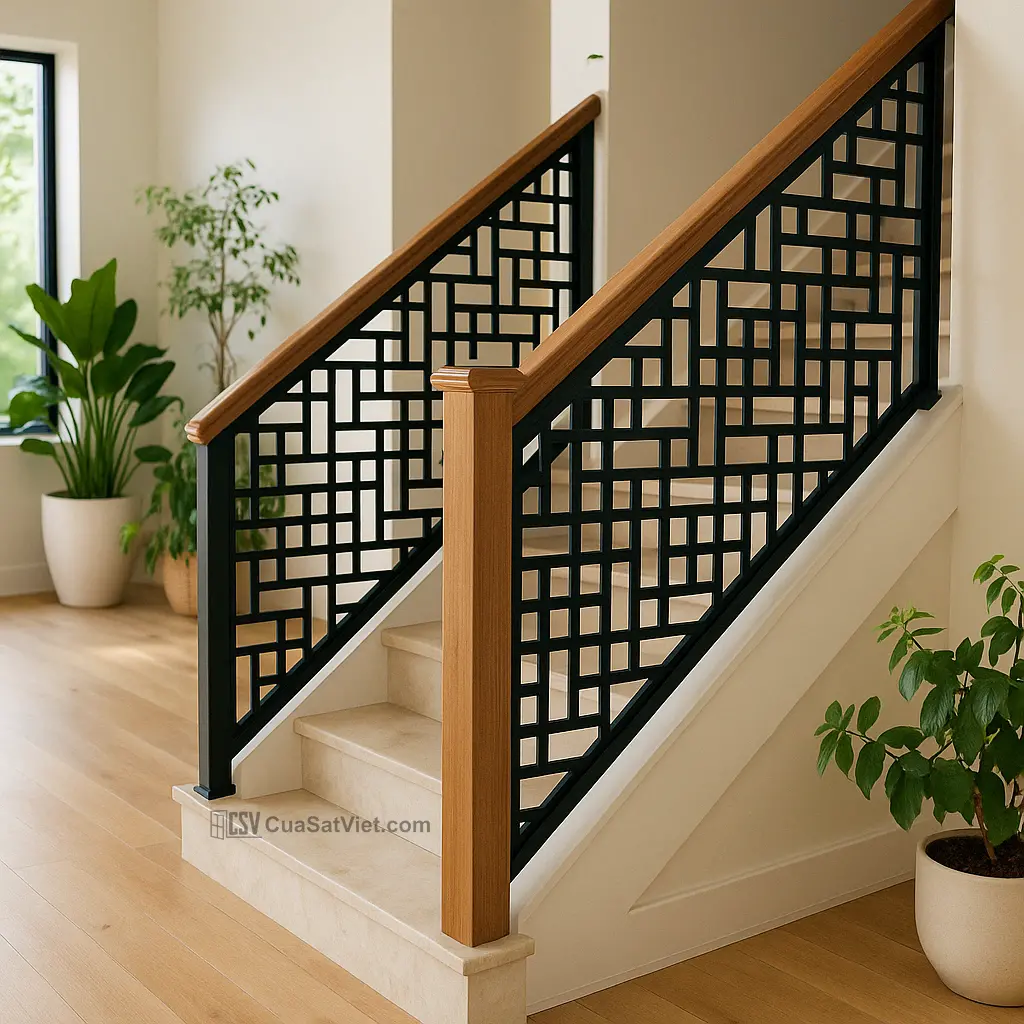 Tay vịn cầu thang sắt kiểu thanh ngang mảnh tạo cảm giác thanh thoát, nhẹ nhàng