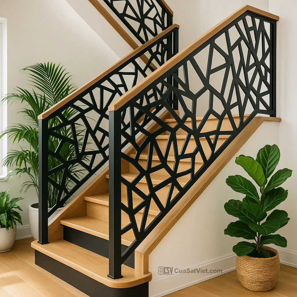 Tay vịn cầu thang sắt màu be nhẹ nhàng, phù hợp với nội thất sáng màu