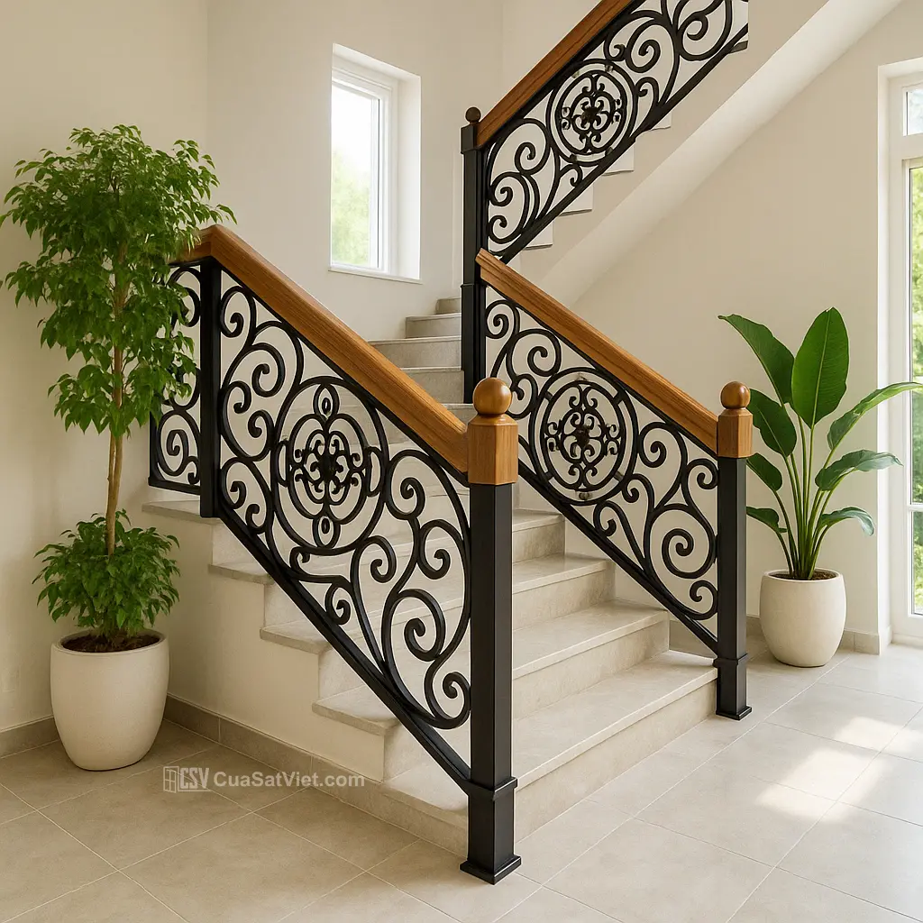 Đường zigzag lạ mắt tạo nét riêng cho mẫu lan can cầu thang sắt.