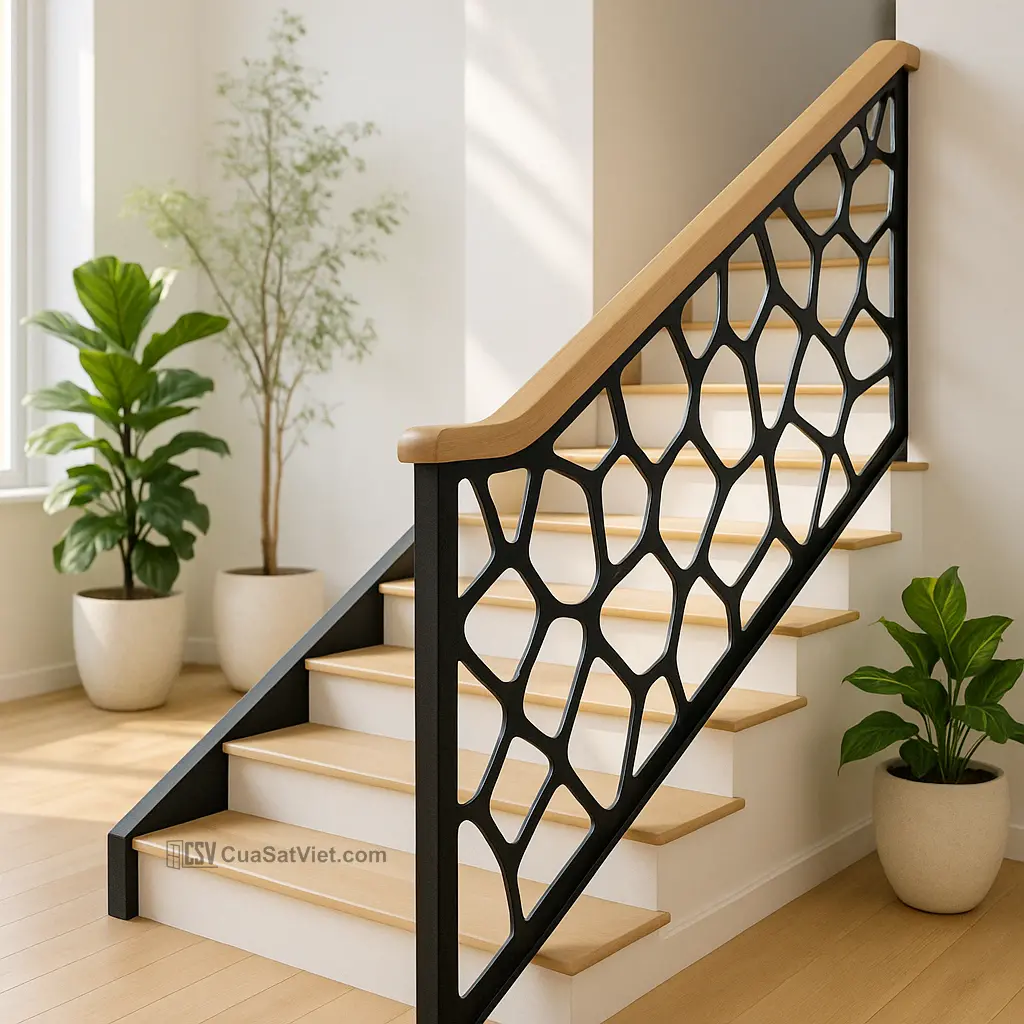 Nhà nhỏ sử dụng lan can cầu thang sắt giúp tối ưu diện tích hiệu quả.