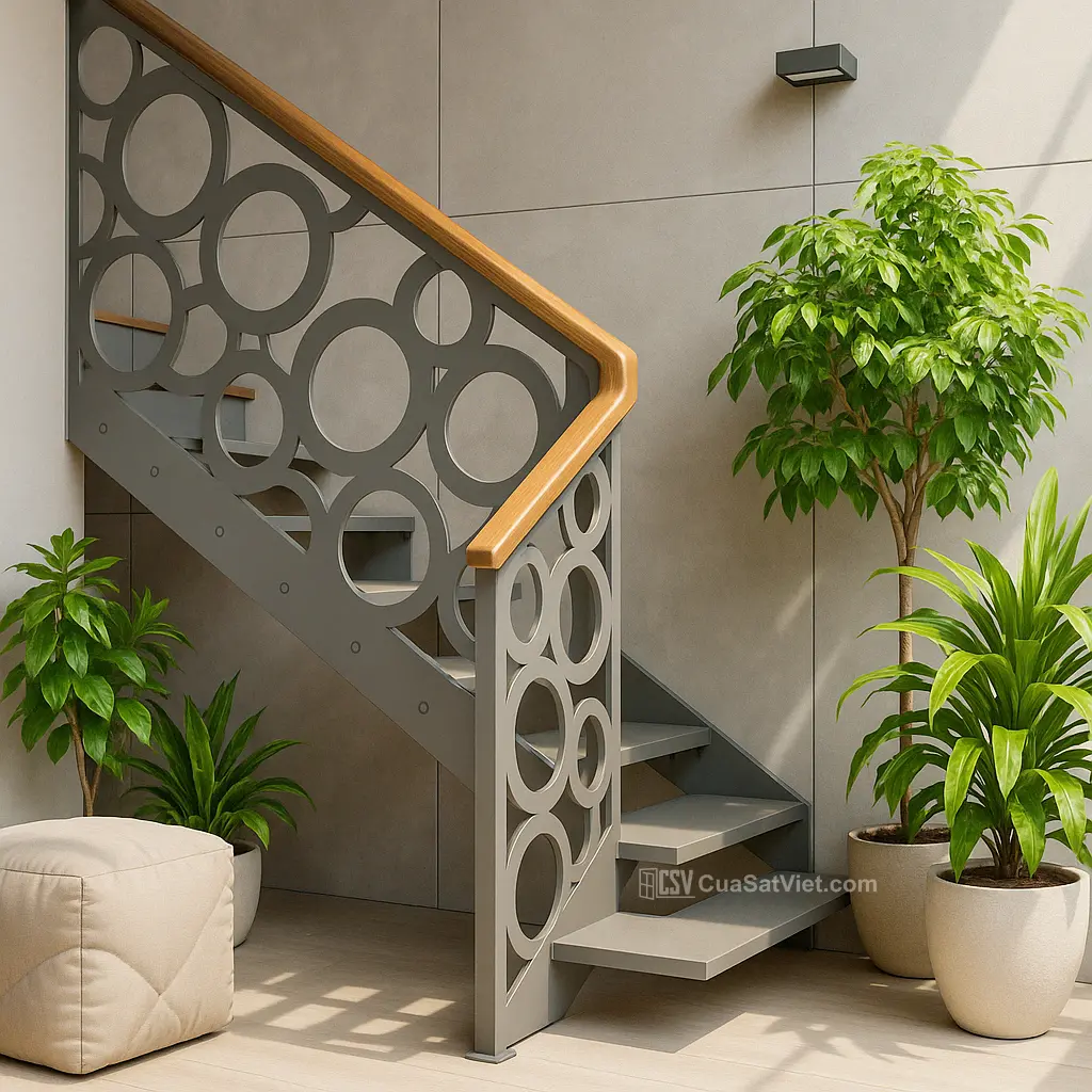 Kính phối hợp cùng lan can cầu thang sắt giúp tăng độ sáng cho không gian.