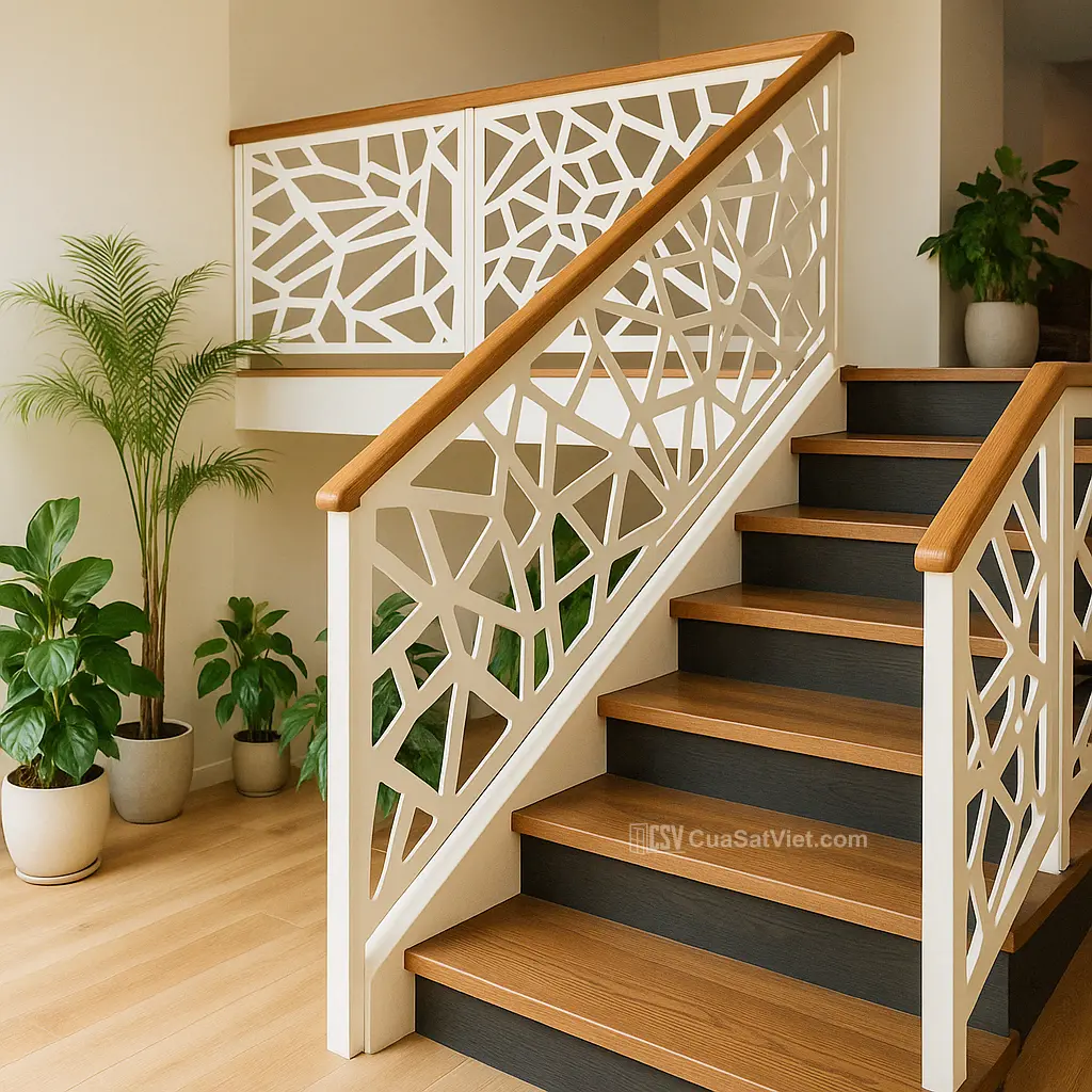 Tay vịn cầu thang sắt phối đá granite ngoài trời bền chắc, hợp nhà vườn