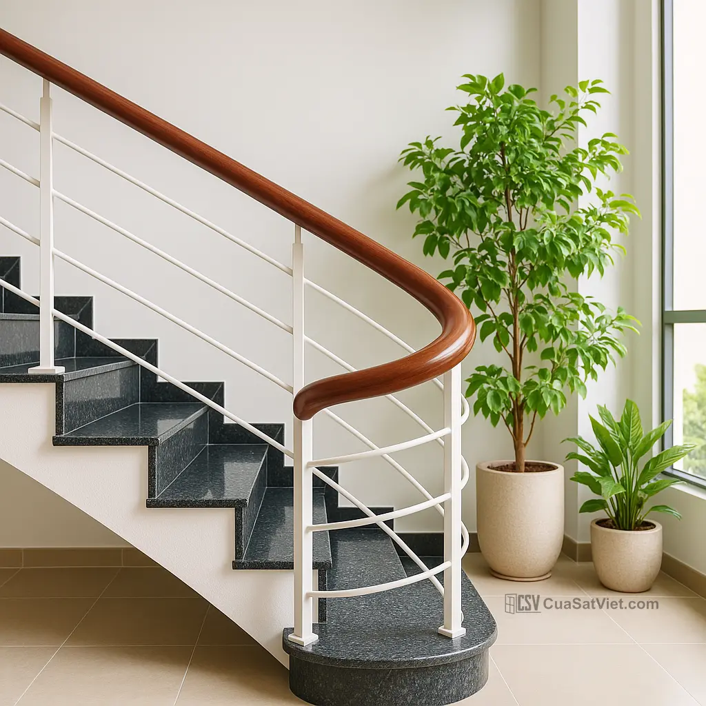 Kiểu đơn sắc giúp lan can cầu thang sắt phù hợp mọi phong cách.