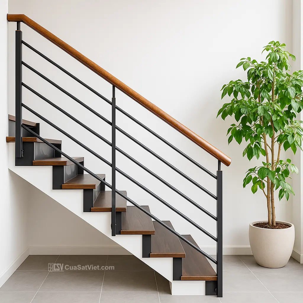 Màu sơn trắng giúp mẫu lan can cầu thang sắt thêm phần tinh tế.