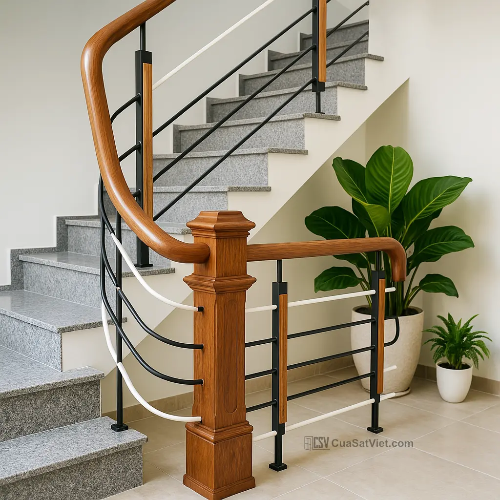 Sự phối hợp vật liệu tăng tính thẩm mỹ cho mẫu lan can cầu thang sắt.
