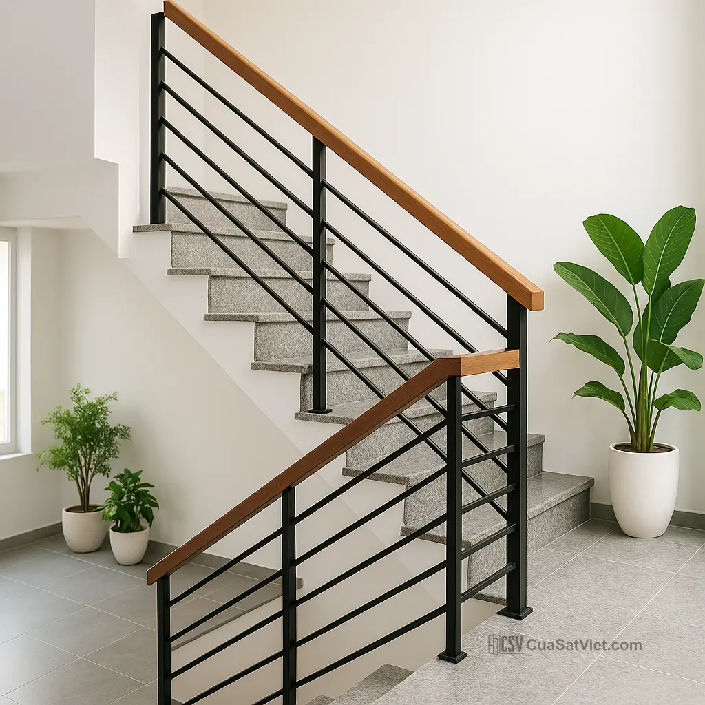 Kiểu xương cá làm lan can cầu thang sắt trở nên lạ mắt và năng động.