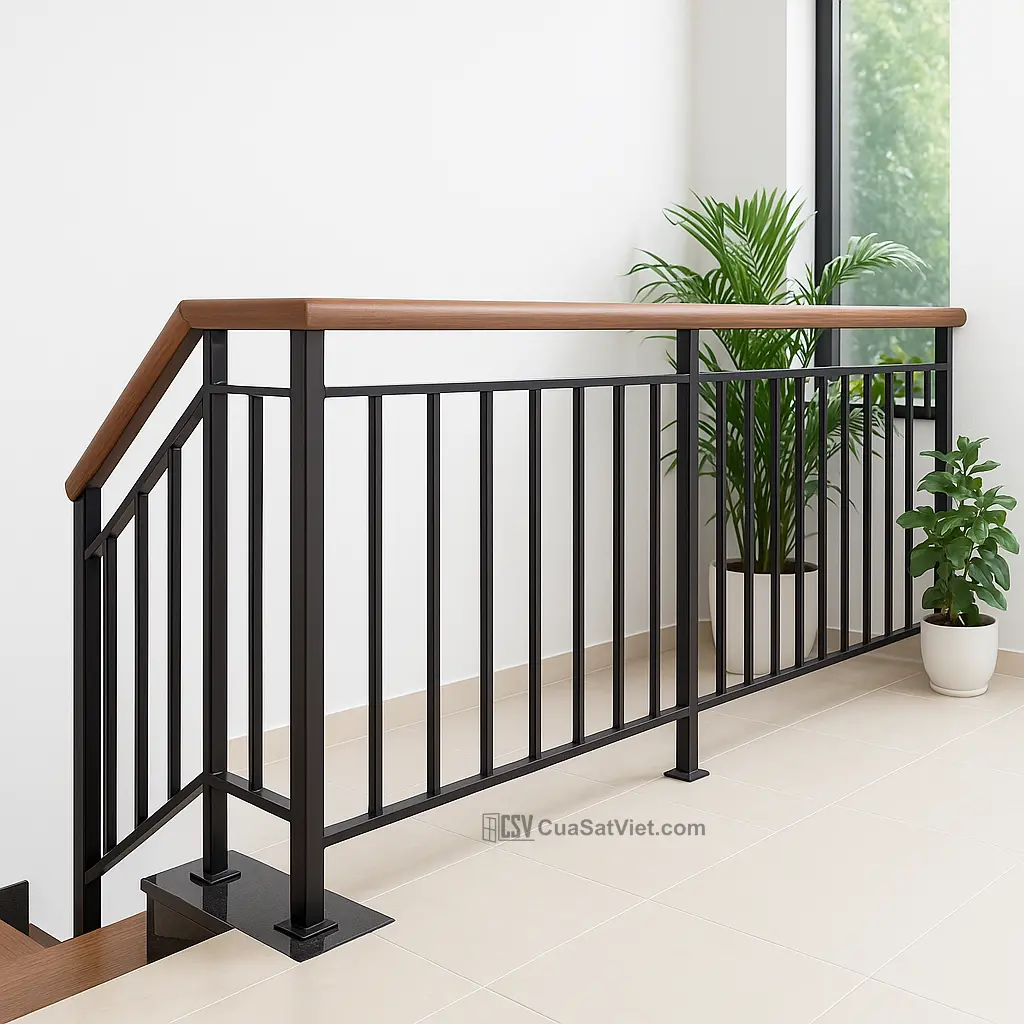 Lan can cầu thang sắt kiểu lửng giúp tiết kiệm không gian nhà phố.