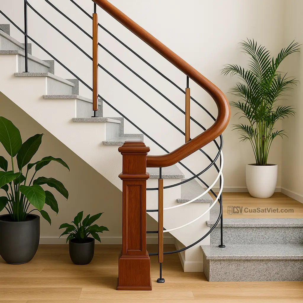 Tay vịn cầu thang sắt phối đá bền chắc, tạo điểm nhấn tự nhiên cho nhà