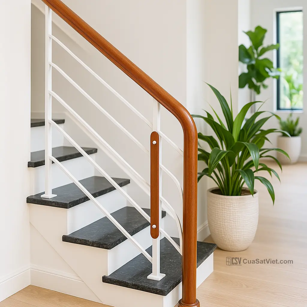 Không tay vịn giúp lan can sắt cầu thang mang lại cảm giác thoáng đãng.