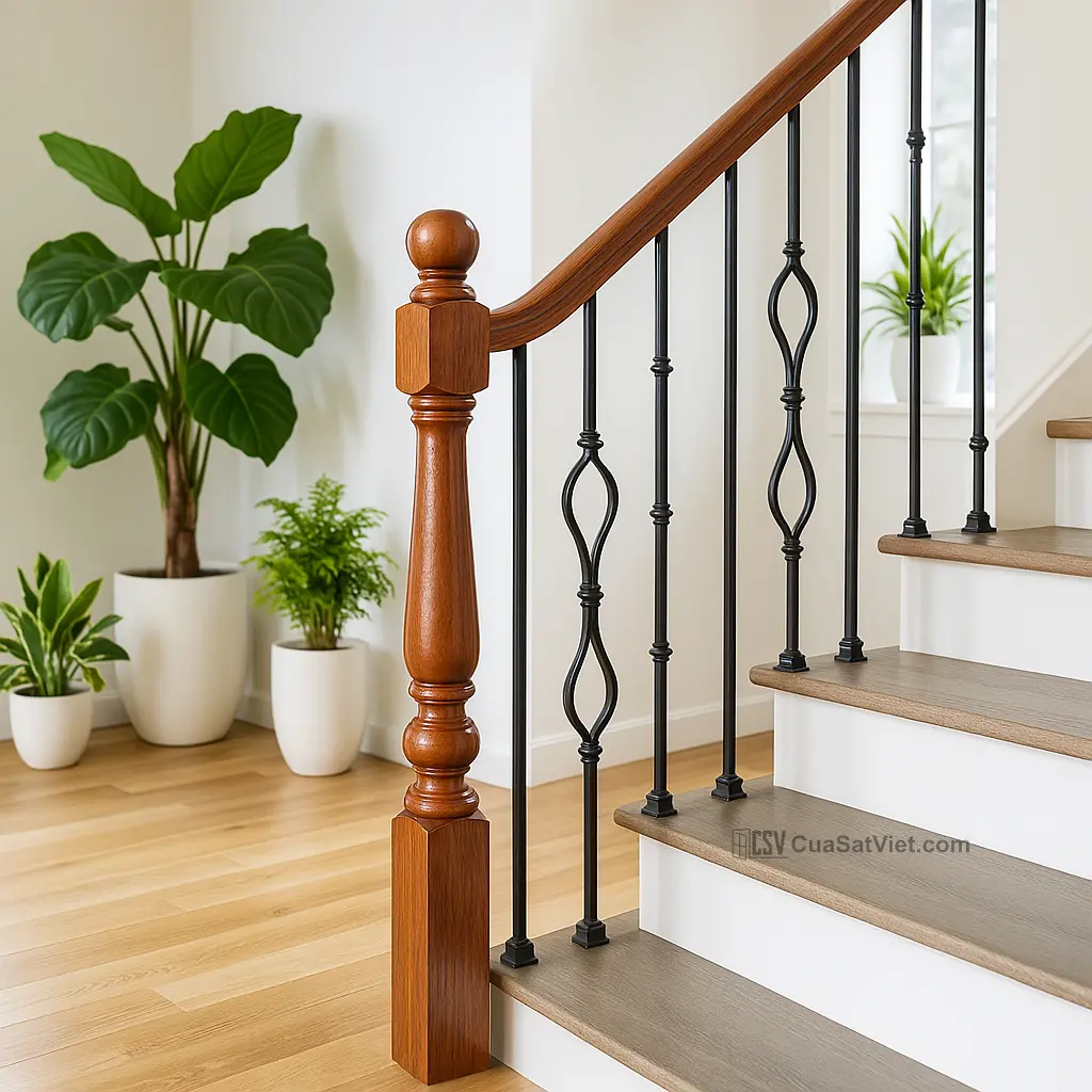 Tay vịn cầu thang sắt tròn mềm mại, dễ cầm nắm khi di chuyển