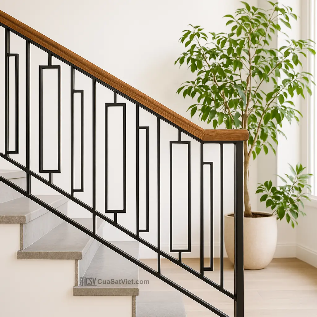 Tay vịn cầu thang sắt giả gỗ đẹp như thật, chống mối mọt hiệu quả