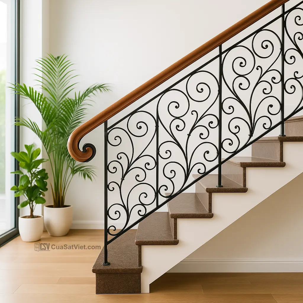 Lan can sắt cầu thang phối gỗ làm tăng vẻ đẹp tổng thể.