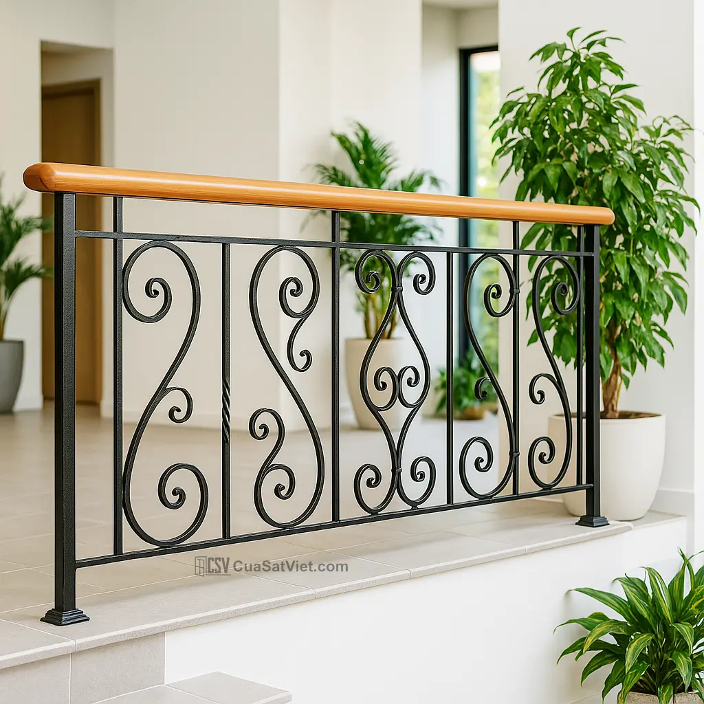 Đường cong tròn giúp lan can sắt cầu thang hài hòa hơn.