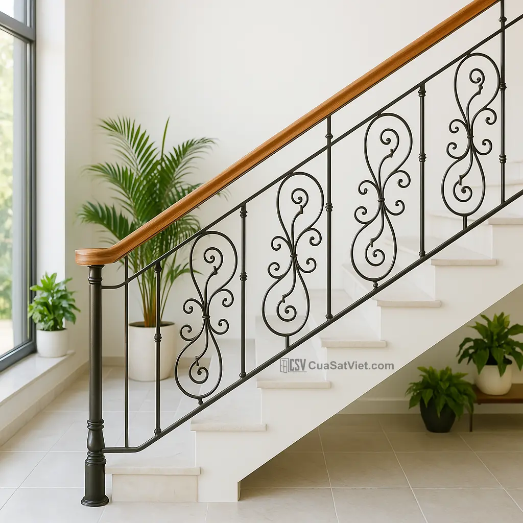 Lan can sắt cầu thang tầng 2 giúp liên kết không gian hợp lý.