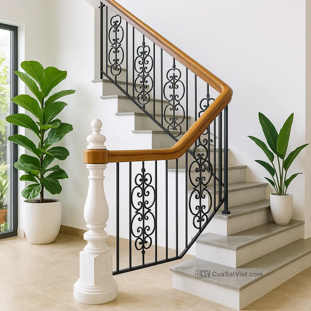 Thiết kế cầu thang sắt mỹ thuật tay vịn inox phù hợp phong cách hiện đại