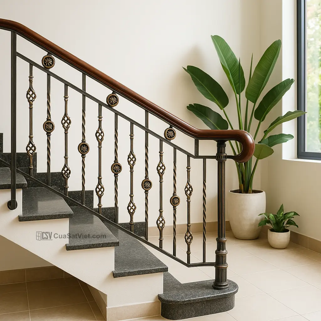 Mẫu cầu thang sắt mỹ thuật nhà ống giúp tiết kiệm diện tích và tạo điểm nhấn