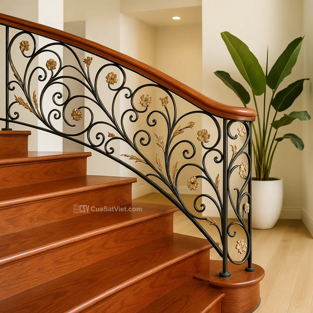 Cầu thang sắt mỹ thuật nhà cấp 4 phù hợp không gian đơn giản và tiện lợi