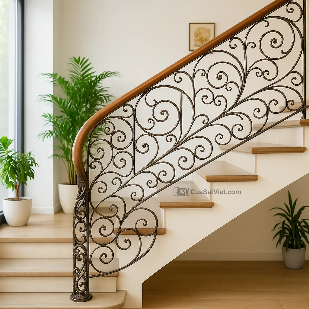 Cầu thang sắt mỹ thuật biệt thự được chế tác cầu kỳ để tôn lên sự đẳng cấp