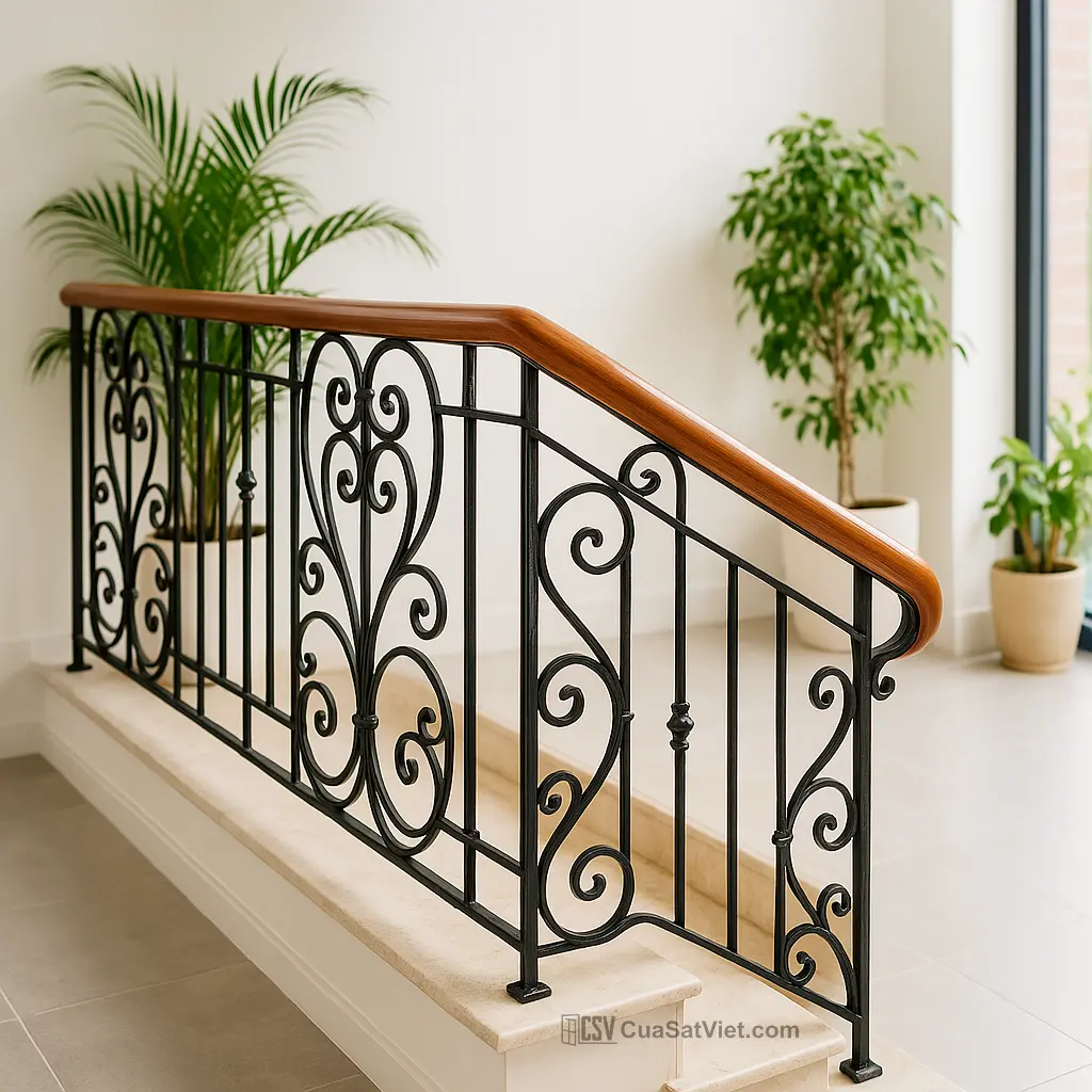 Mẫu cầu thang sắt mỹ thuật châu Âu sang trọng và cầu kỳ trong từng đường nét