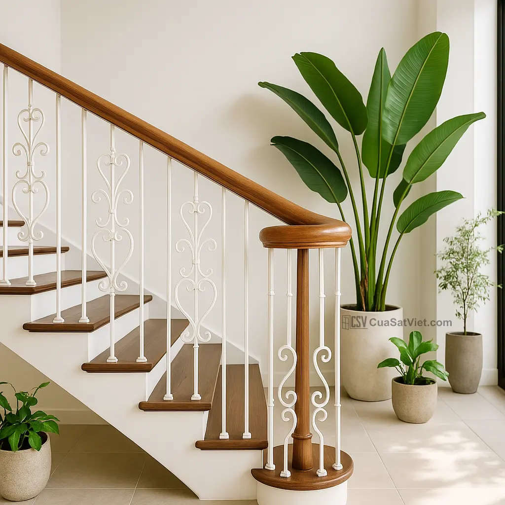 Đường cong cầu thang sắt mỹ thuật uốn lượn tạo cảm giác mềm mại, cuốn hút