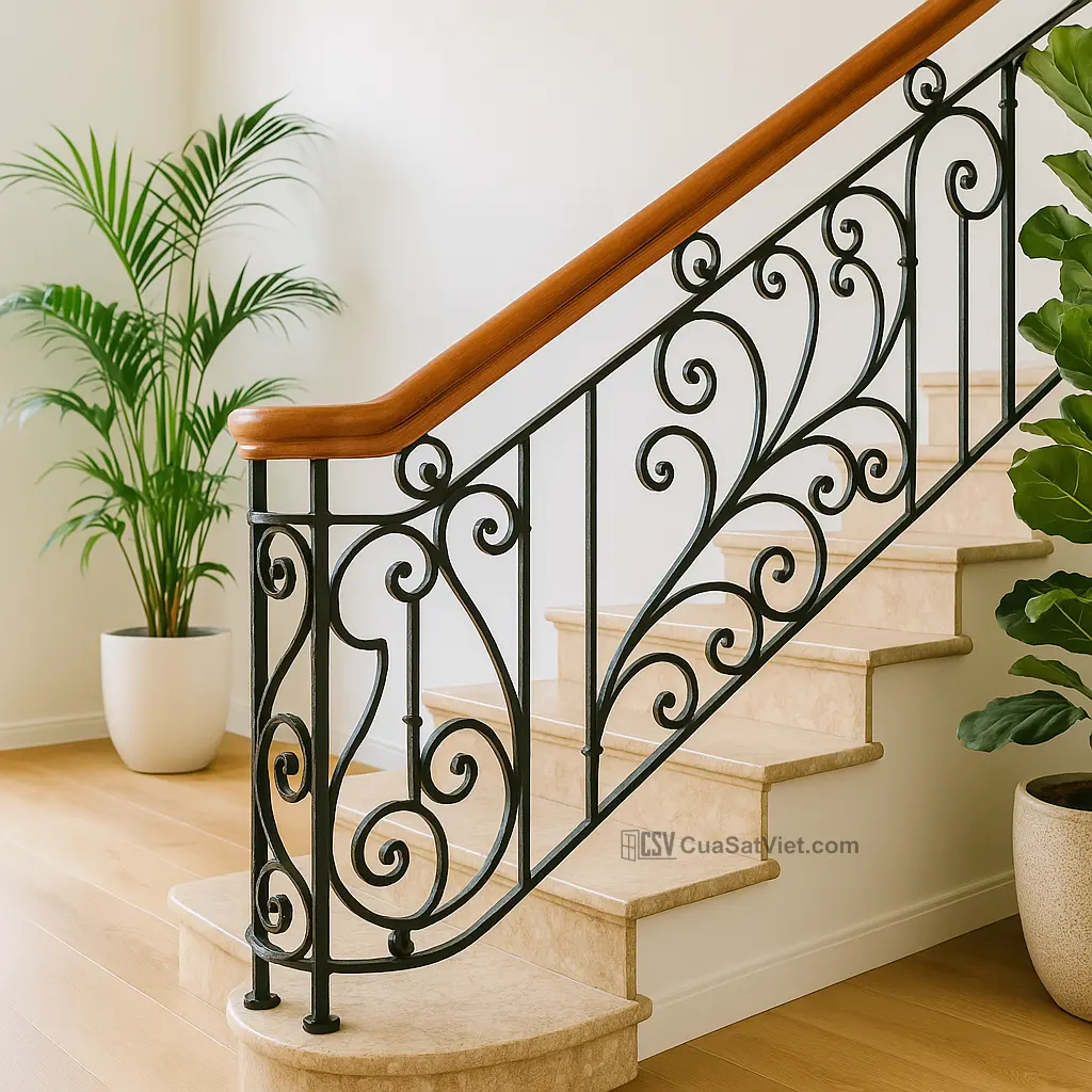Lớp sơn tĩnh điện bảo vệ bề mặt lan can sắt cầu thang hiệu quả.
