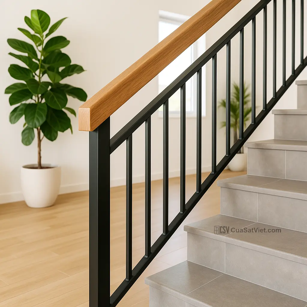 Tay vịn nhựa giả gỗ vừa tiết kiệm vừa tạo vẻ sang cho lan can sắt.