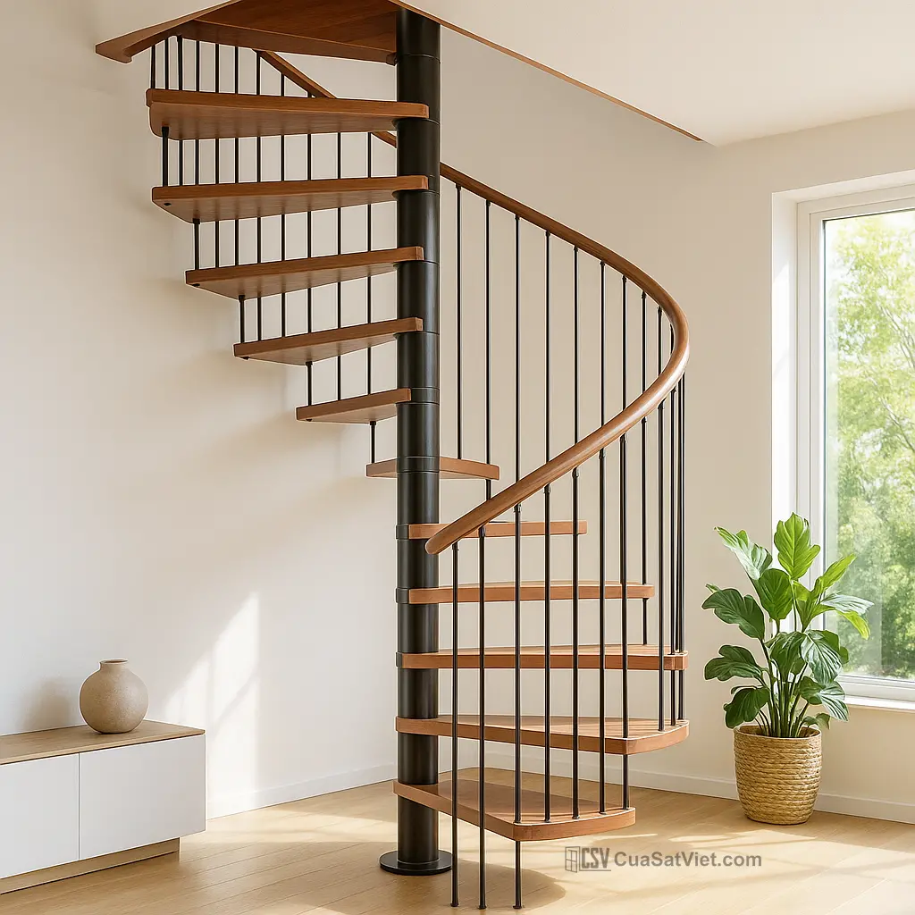 Kiểu châu Á giúp cầu thang xoắn phù hợp với phong cách nhà phố hiện đại.