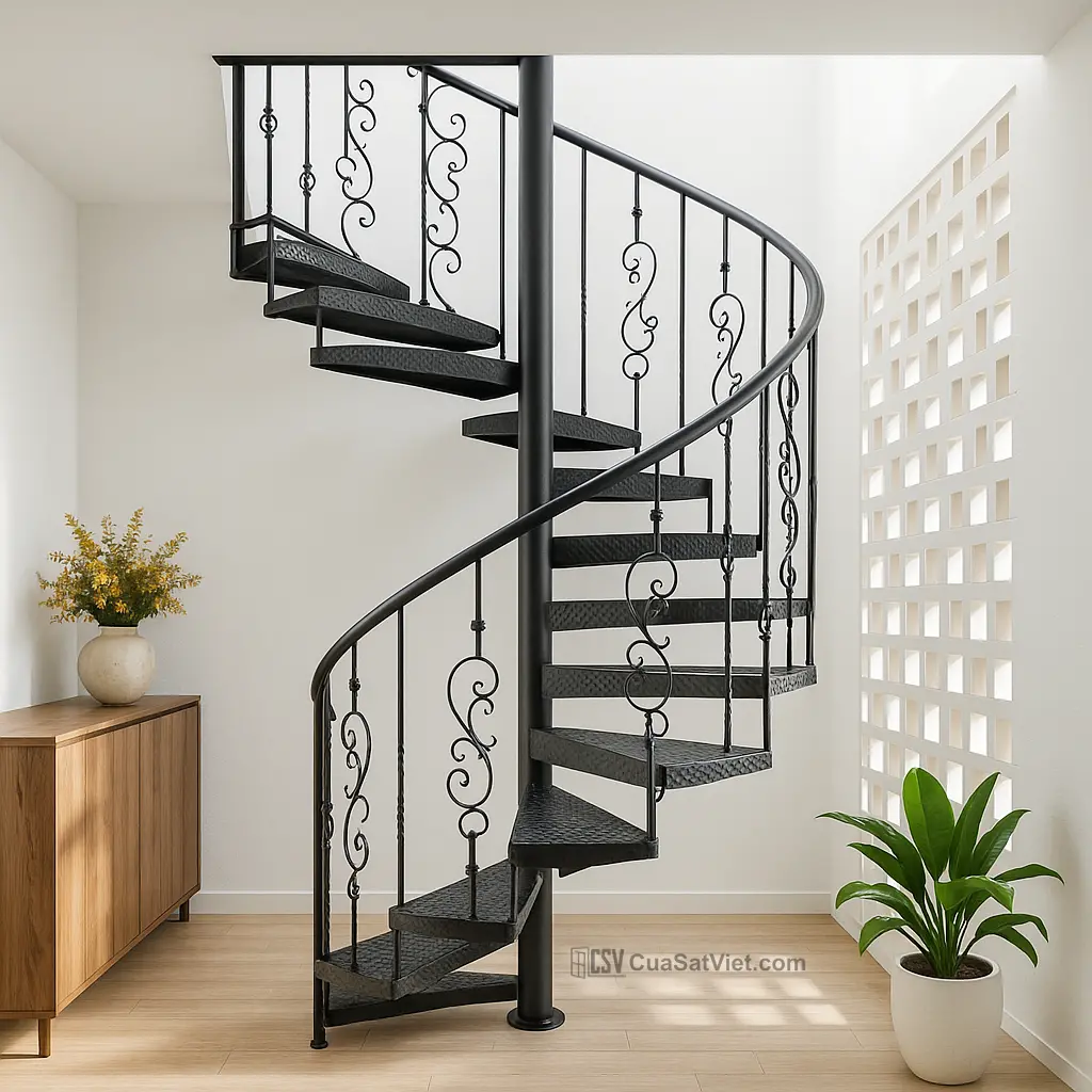 Cầu thang xoắn tiện lợi giúp tối ưu hóa diện tích cho các căn hộ nhỏ.