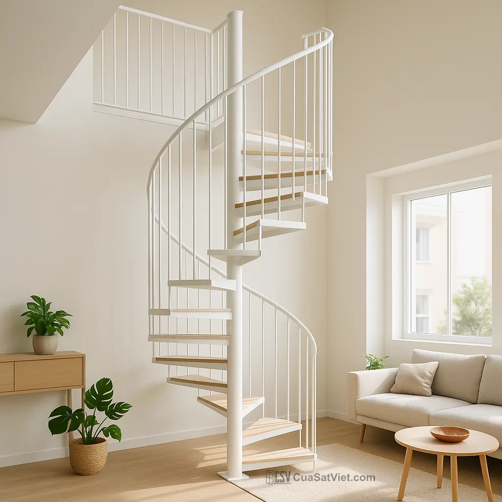 Sự kết hợp với tay vịn gỗ khiến cầu thang xoắn tay vịn gỗ thêm phần nổi bật.