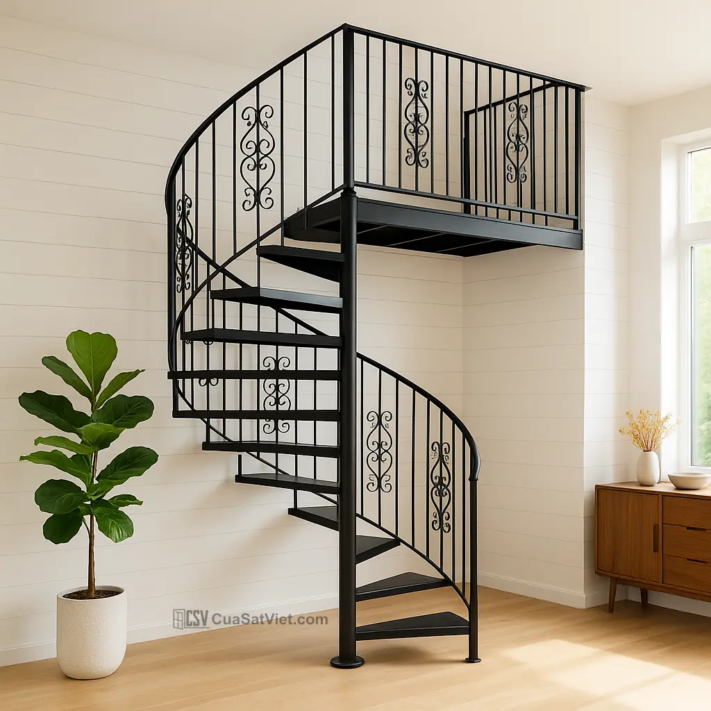 Gỗ tự nhiên kết hợp với cầu thang xoắn gỗ mang lại cảm giác ấm áp.