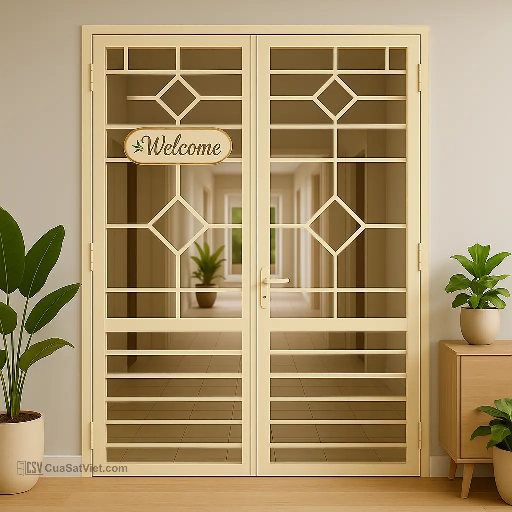 Cửa sắt chung cư mặt kính cường lực bền chắc, lấy sáng tốt cho căn hộ