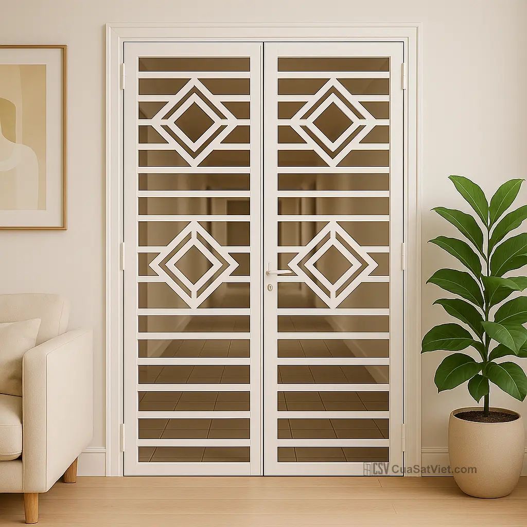 Cửa sắt chung cư vân nổi tạo chiều sâu và hiệu ứng 3D cho khu vực cửa ra vào