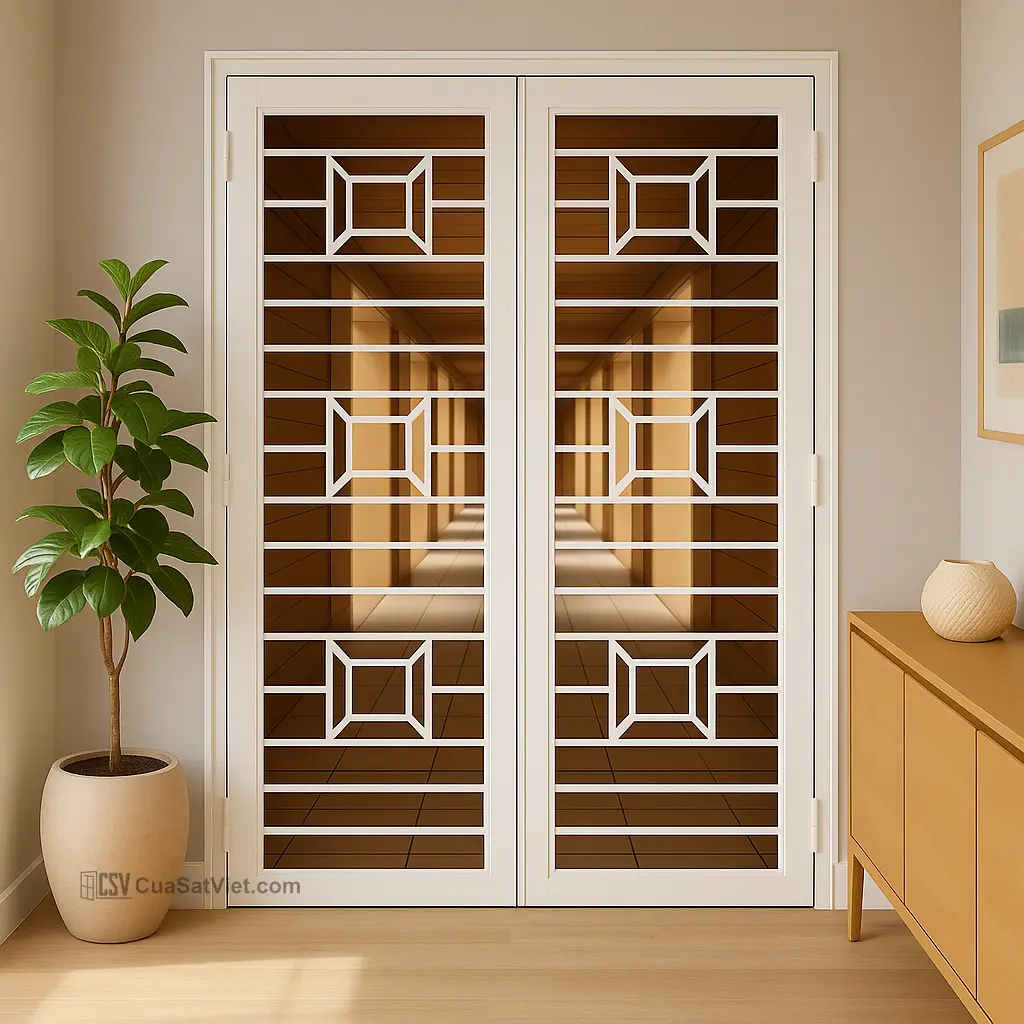 Cửa sắt chung cư phối màu nổi bật, tạo điểm nhấn cá tính cho căn hộ hiện đại