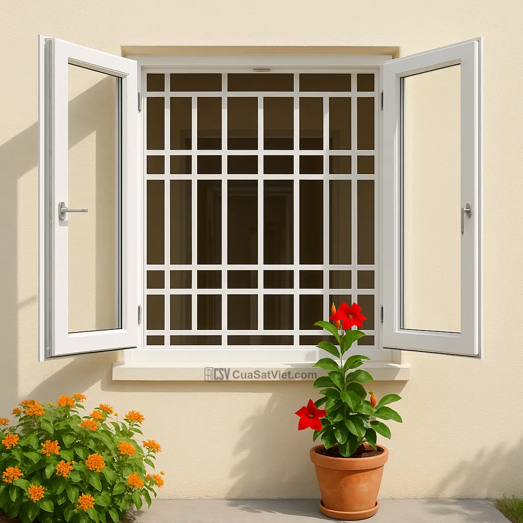 Cửa sổ sắt cổ điển với hoa văn uốn lượn mang hơi hướng châu Âu