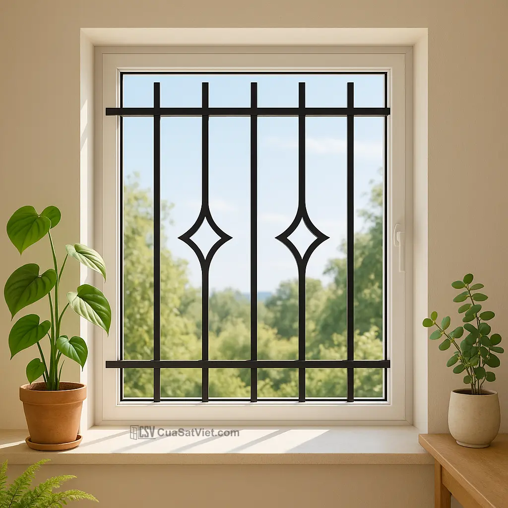 Khung cửa sổ sắt kết hợp kính màu mang lại vẻ đẹp sinh động, tươi trẻ