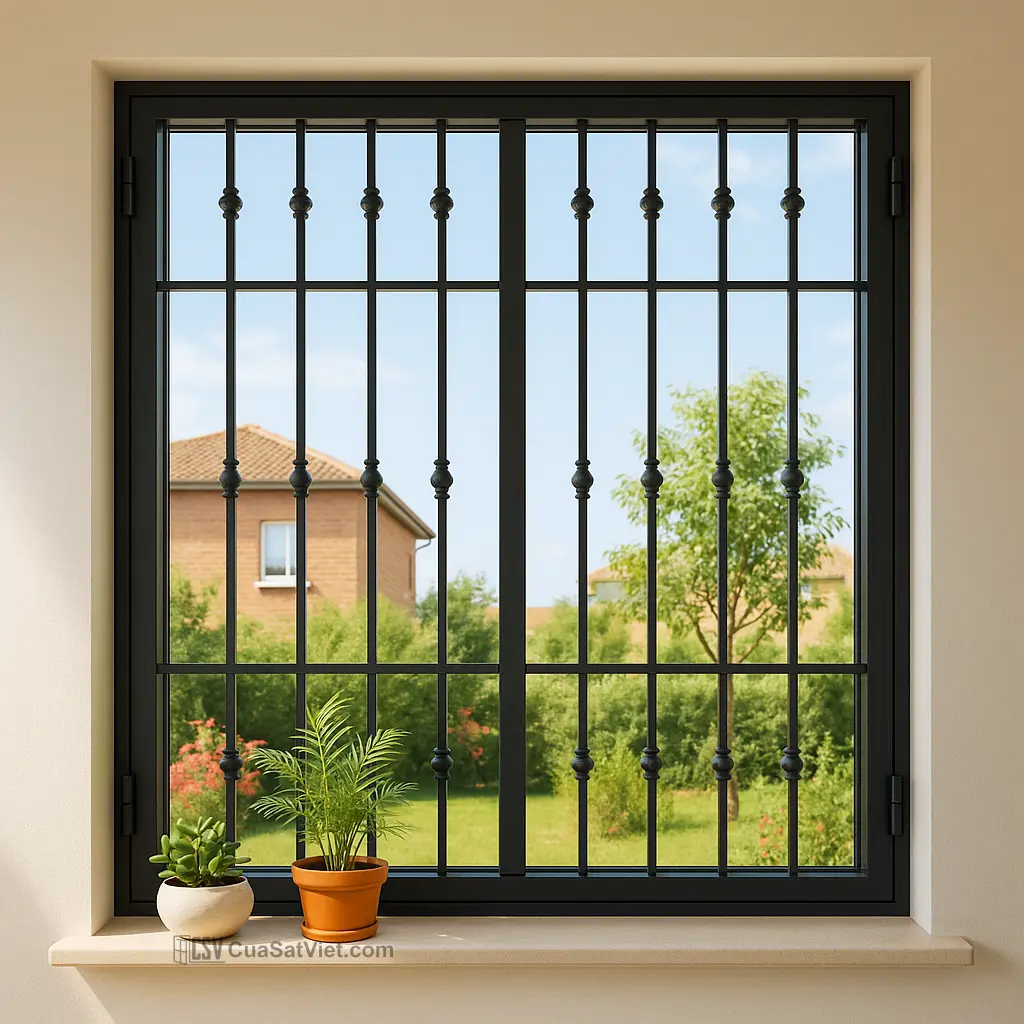 Khung cửa sổ sắt cổ điển với đường nét uốn lượn mềm mại, sang trọng