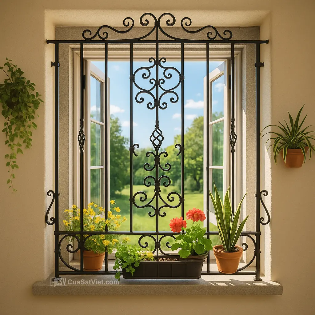 Khung cửa sổ sắt biệt thự phố làm nổi bật mặt tiền với các hoa văn đặc sắc